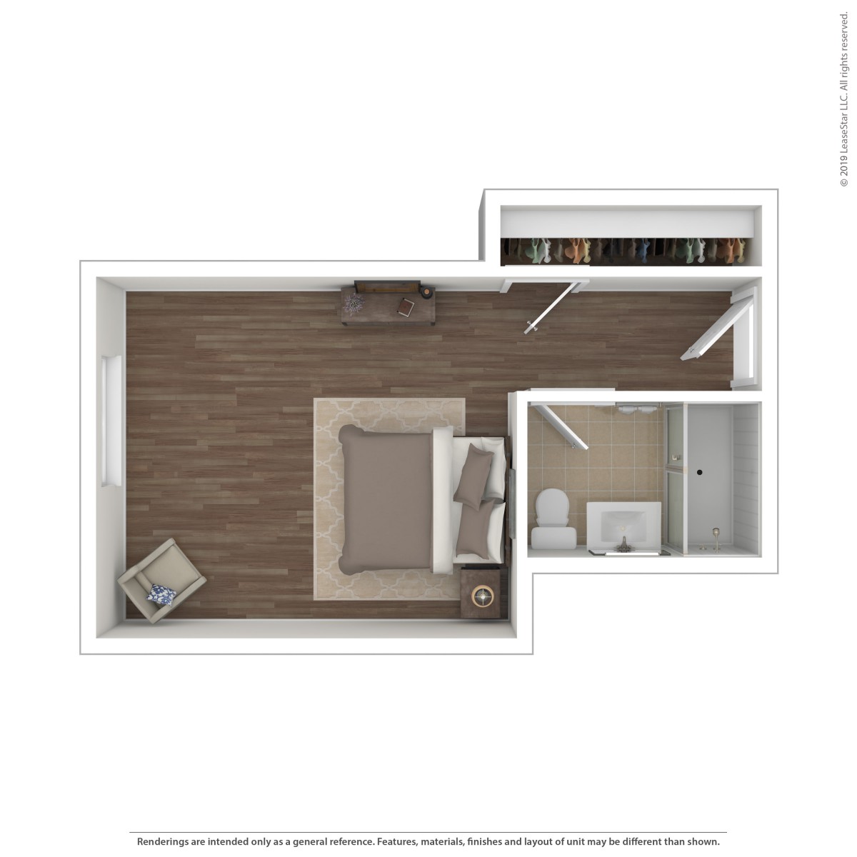 A modern bedroom floor plan with wooden flooring, featuring a bed, armchair, and a connected bathroom.
