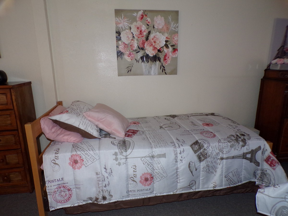 A single bed with floral bedding and cushions, accompanied by a floral painting hanging on the wall.