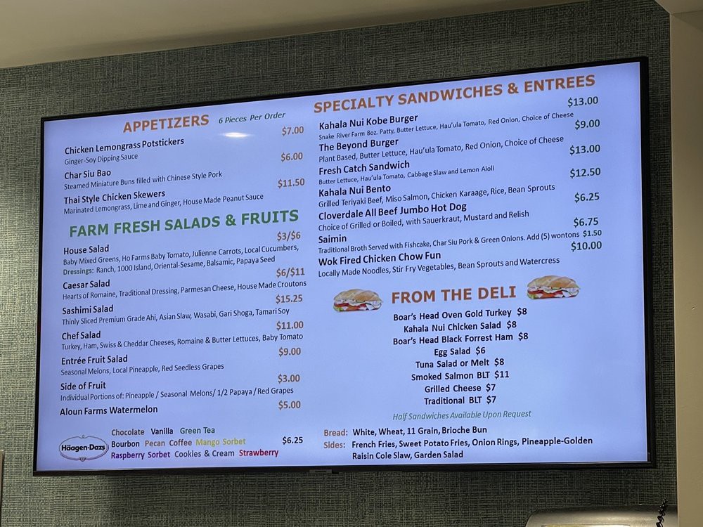 A restaurant menu displaying various appetizers, specialty sandwiches, salads, and other dishes.