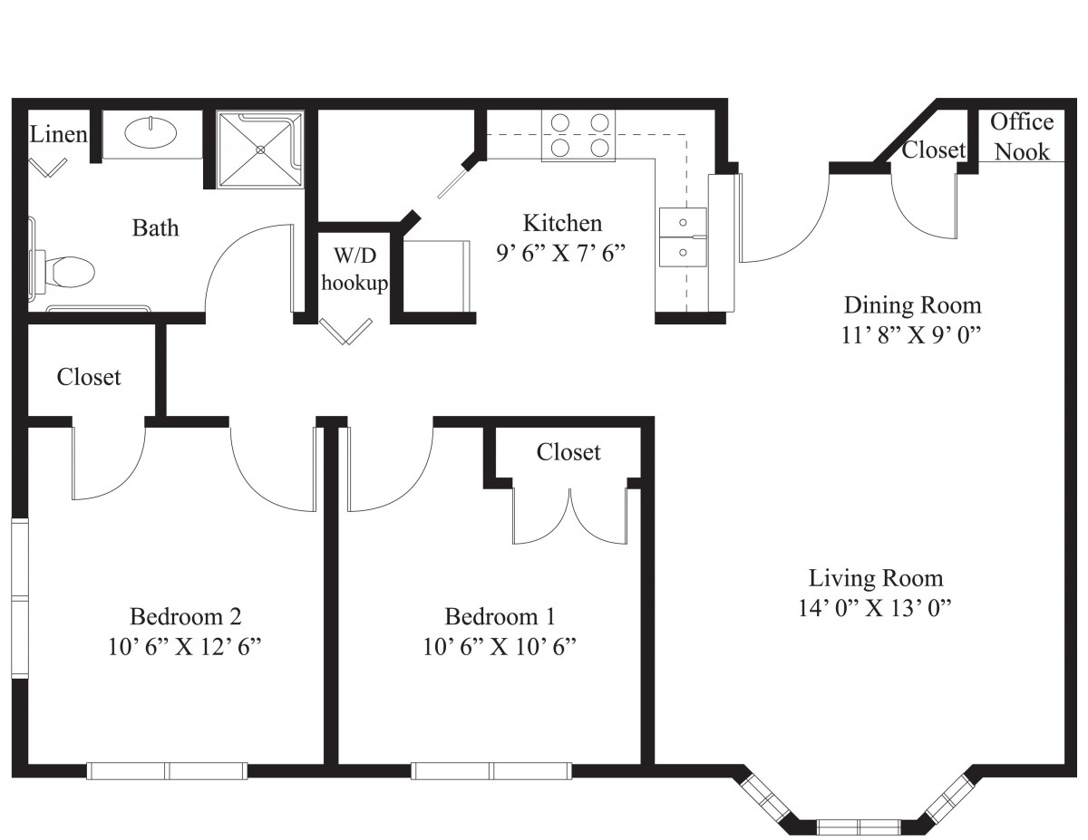 A detailed floor plan of a two-bedroom apartment with labeled rooms.