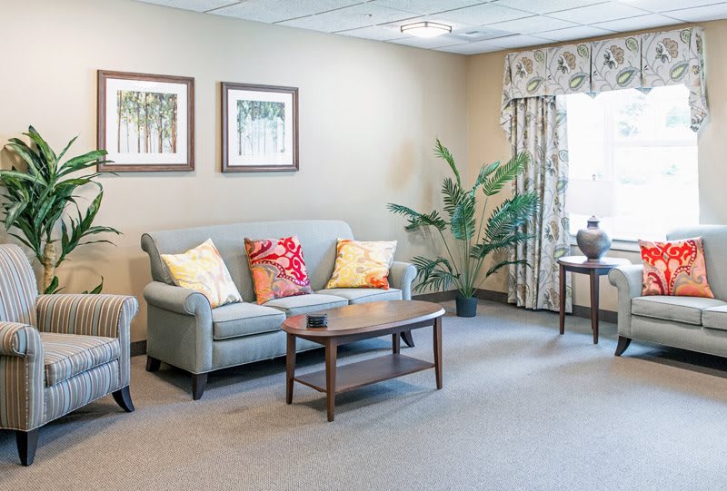 A cozy, well-decorated living room with a sofa and coffee table.