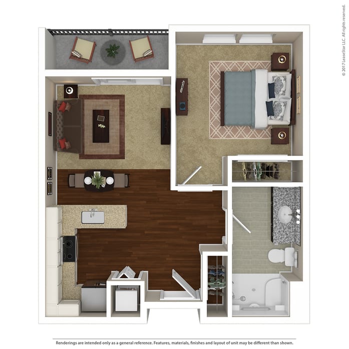 A one-bedroom apartment floor plan featuring a living room, kitchen, and bathroom.