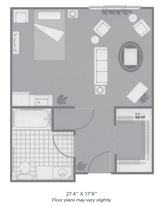 Floor plan of a one-bedroom apartment with a living room, kitchen, and bathroom.