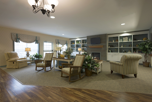 A cozy living room with comfortable seating, a fireplace, and decorative plants.
