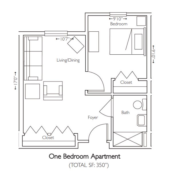 Floor plan of a one-bedroom apartment totaling 500 square feet.