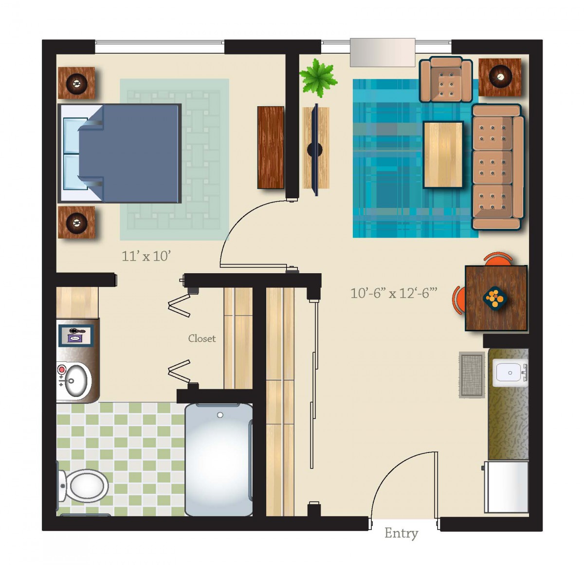 A compact apartment floor plan featuring a bedroom, living room, and bathroom.