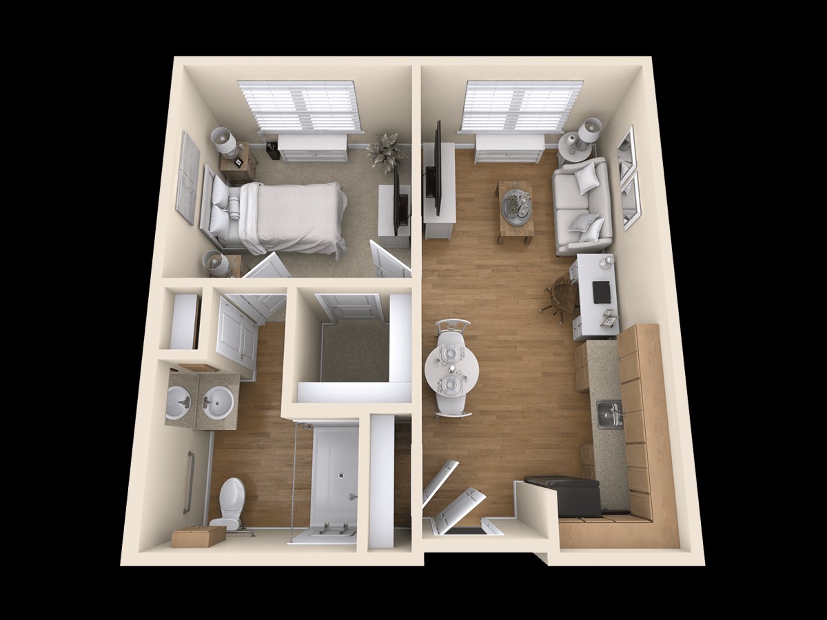 1-bedroom apartment floor plan with kitchen, living room, and bathroom.