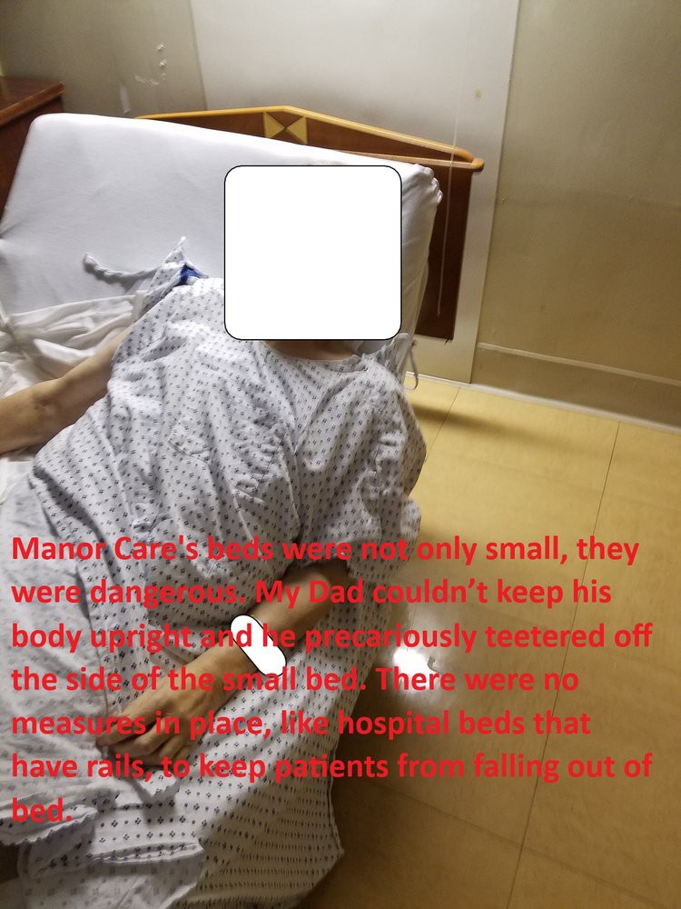 A hospital patient in a gown sitting on a bed, with a story overlayed in red text.