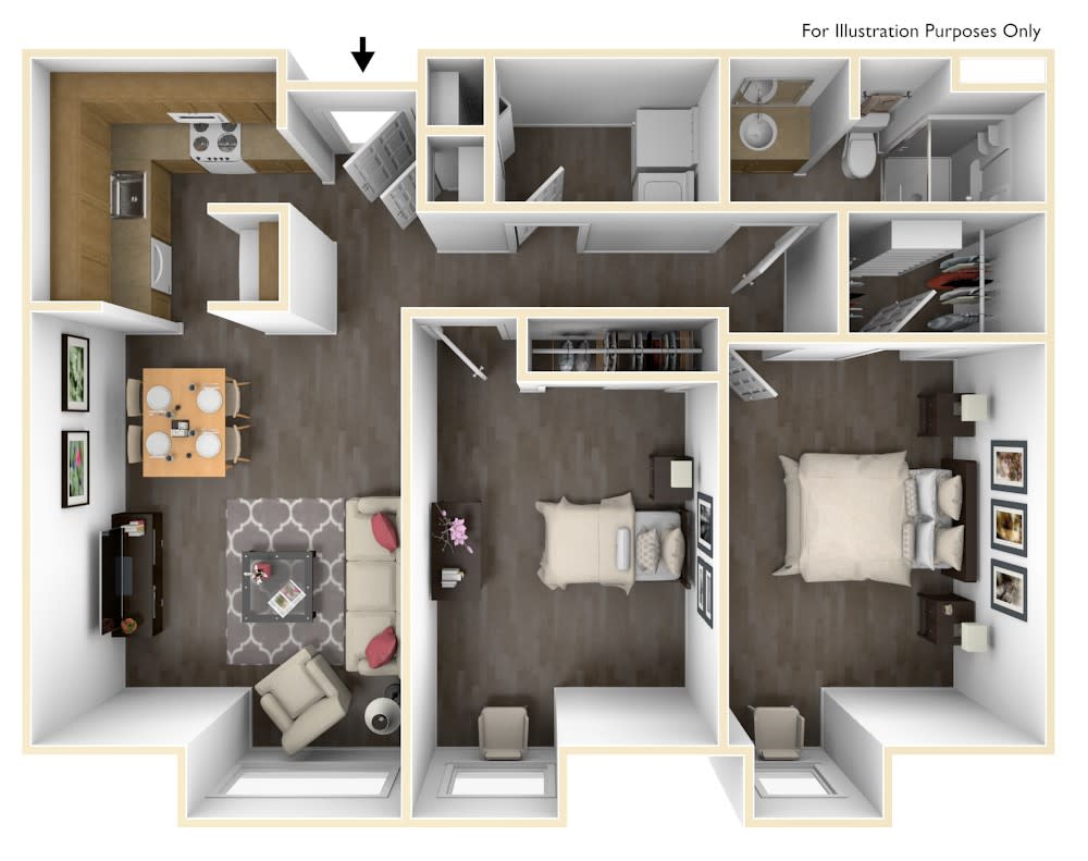 A 3D floor plan of a two-bedroom apartment, showcasing the layout of rooms and furniture.