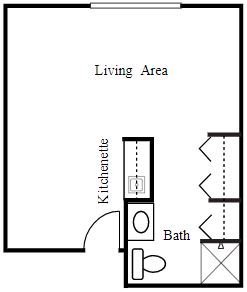 Studio apartment floor plan with a living area, kitchenette, and bathroom.