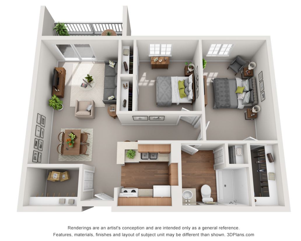 A 3D floor plan of a two-bedroom apartment, featuring a living room, kitchen, and bathroom.
