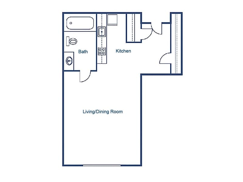Studio apartment floor plan with kitchen, bathroom, and living/dining area.