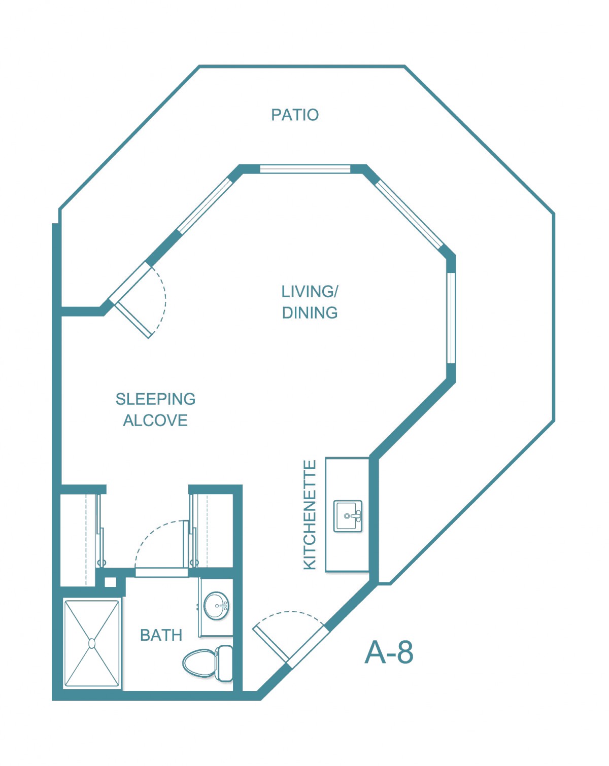 Studio apartment floor plan with a sleeping alcove and patio.