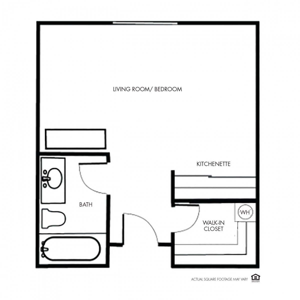 Studio apartment floor plan with a bathroom, kitchenette, and walk-in closet.
