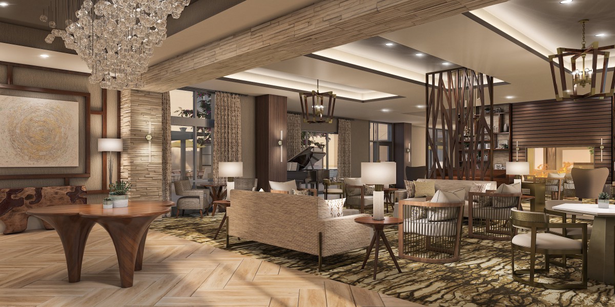 A modern and luxurious hotel lobby with stylish furniture and elegant lighting.
