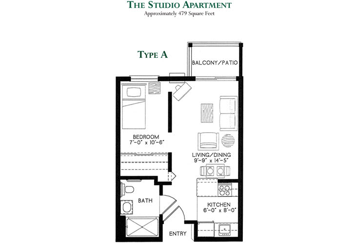 A floor plan of a Type A studio apartment, approximately 375 square feet.