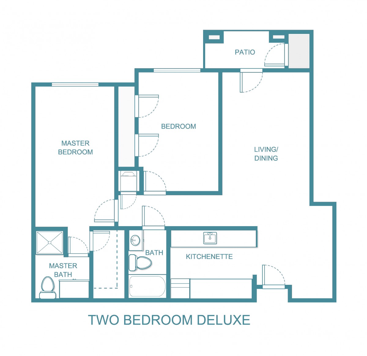Floor plan of a two-bedroom deluxe apartment.