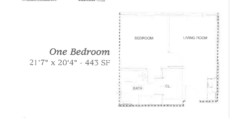 Floor plan of a one-bedroom apartment measuring 443 square feet.