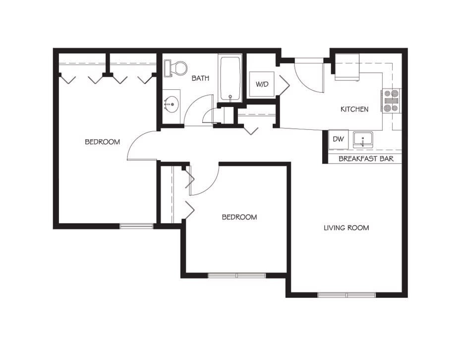 A floor plan layout showing a one-bedroom apartment with a living room, kitchen, bathroom, and a balcony.