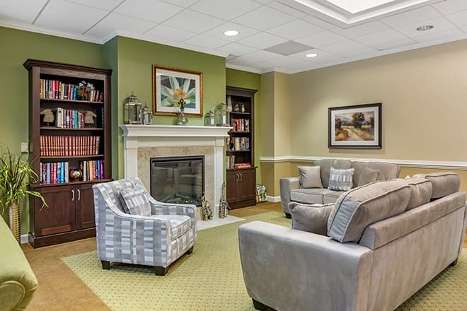 A cozy living room with comfortable seating, a fireplace, and bookshelves adorned with decorative items.