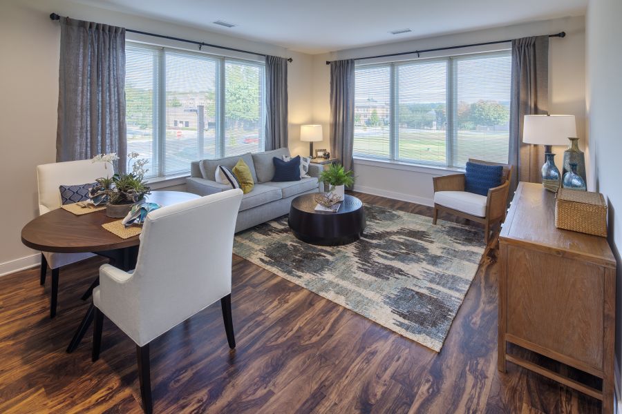 A modern living room with large windows, featuring a sofa, chairs, a wooden table, and a decorative rug.