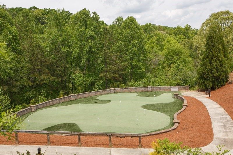 A secluded putting green surrounded by lush trees and a wooden fence.