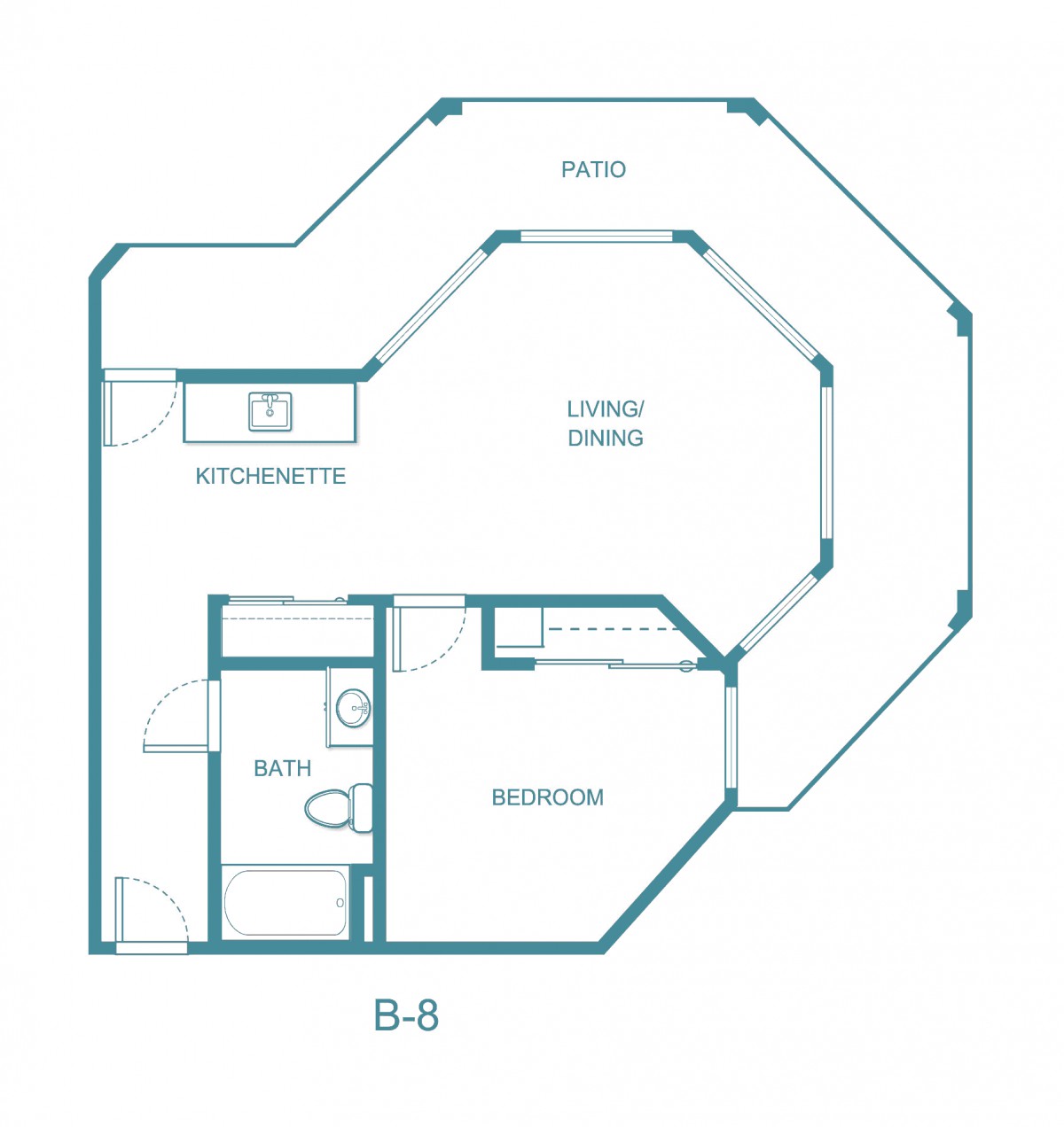 A floor plan of an apartment with designated areas for a living room, patio, kitchen, bathroom, and bedroom.