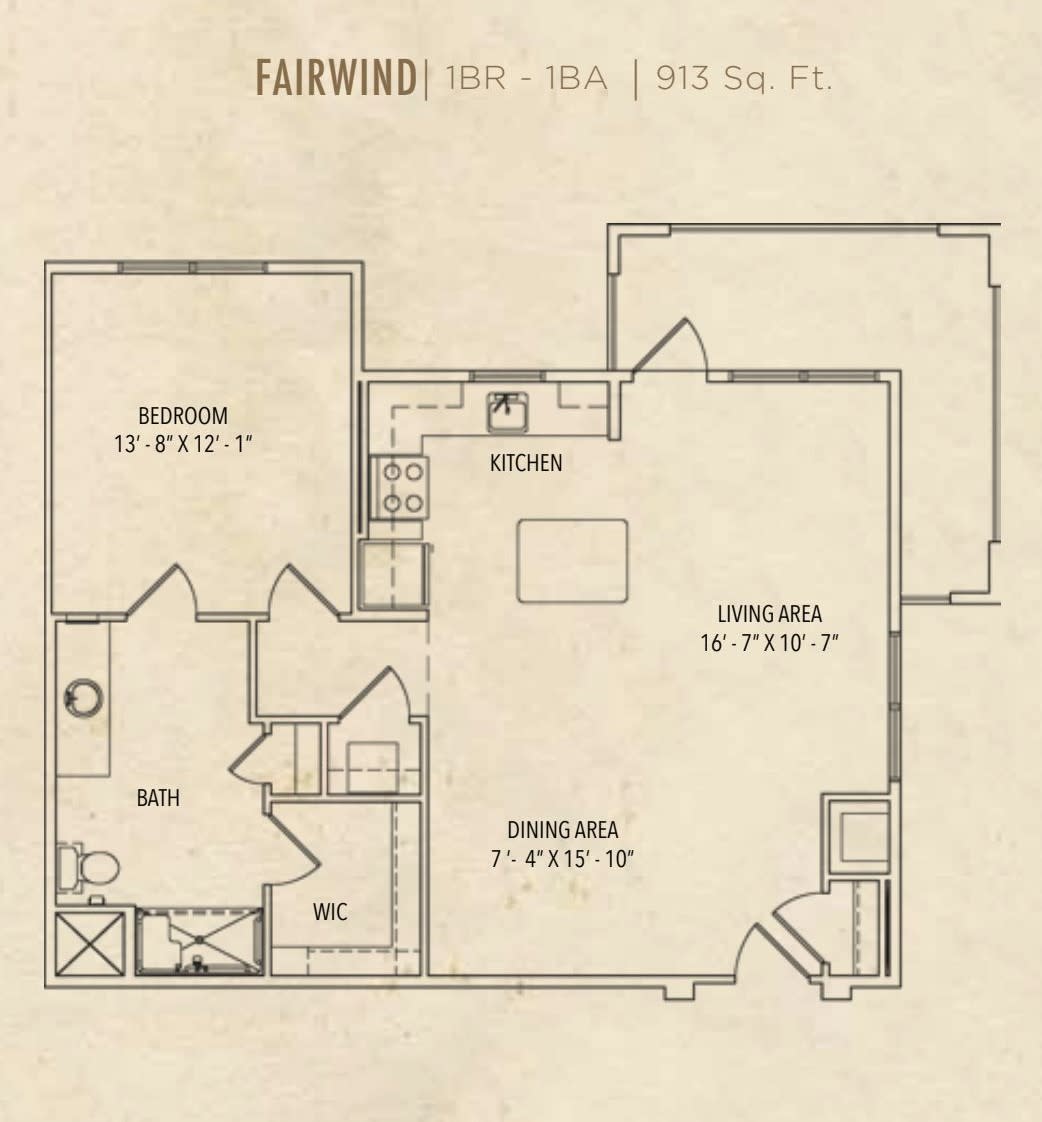 Floor plan of a one-bedroom apartment labeled 'Fairwind' with dimensions and designated areas for the living room, dining area, kitchen, and bathroom.