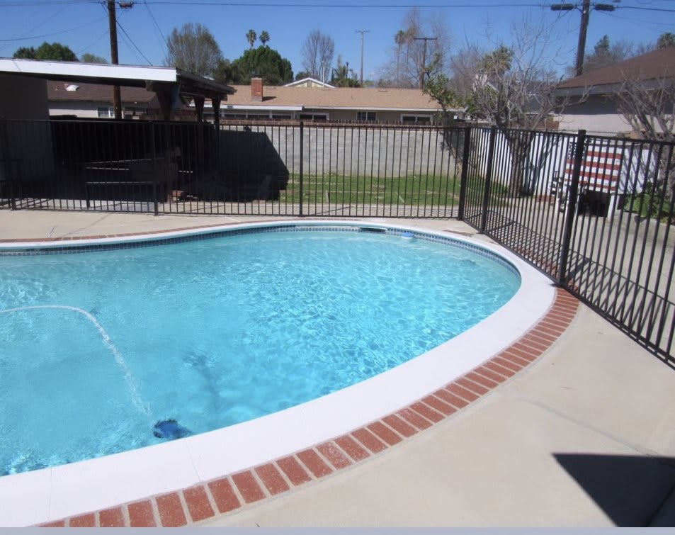 A residential outdoor swimming pool surrounded by a fence in a sunny backyard.