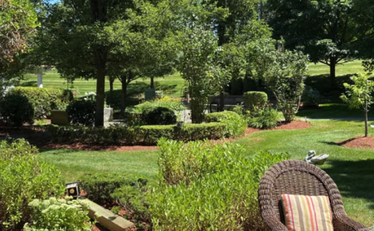 A beautifully landscaped garden with lush greenery and manicured lawns.