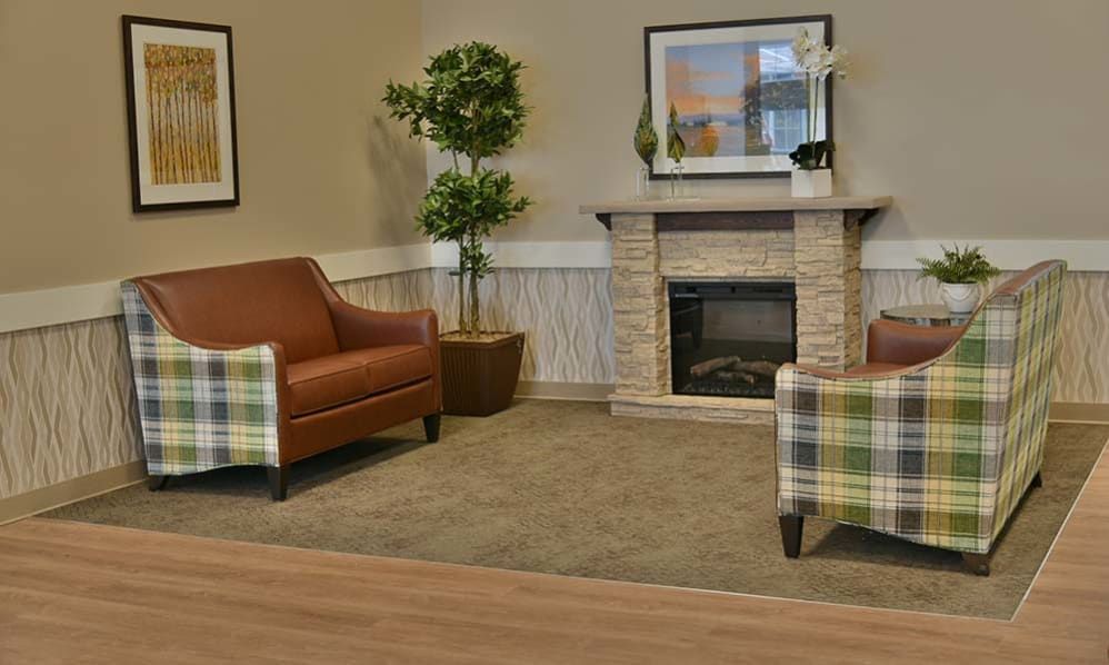 A cozy living room with armchairs, a fireplace, and decorative plants.