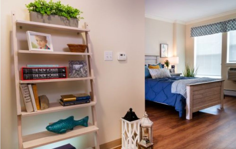 A cozy bedroom featuring a bookshelf with decorative items and plants, wooden flooring, and a neatly made bed.