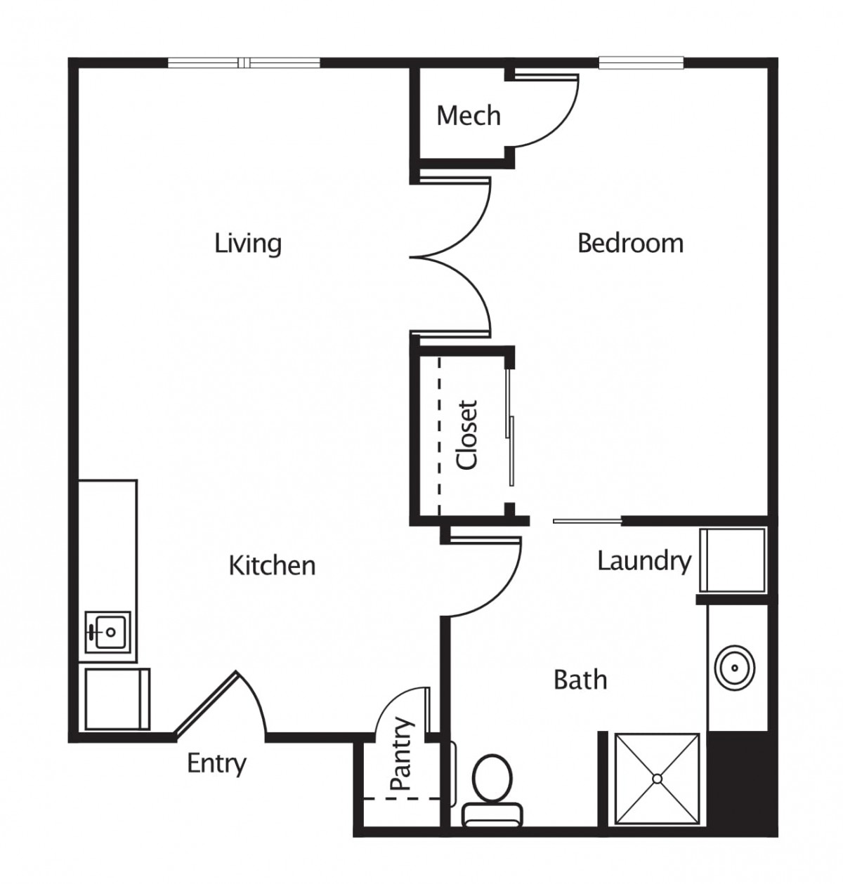 A simple one-bedroom apartment floor plan with a living room, kitchen, bathroom, and laundry area.