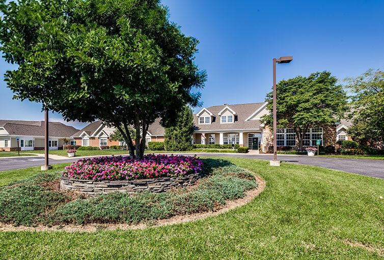 A picturesque garden with vibrant flowers in front of a charming house under a clear blue sky.