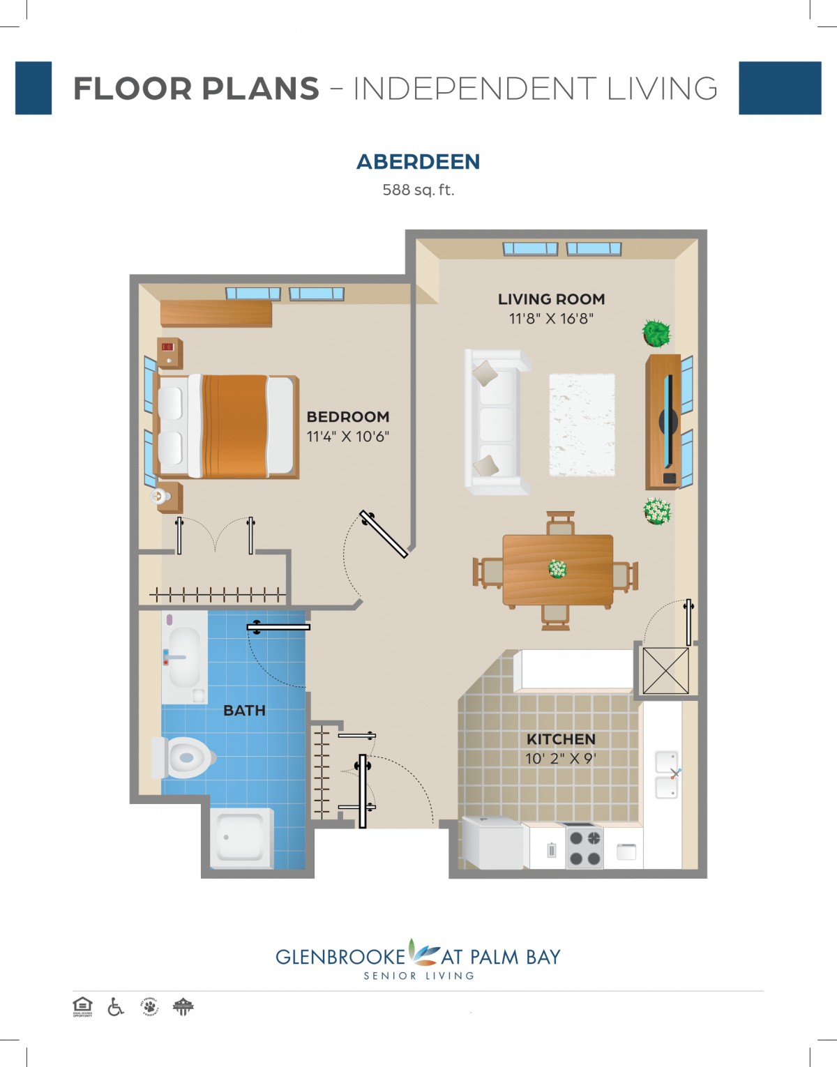 Aberdeen floor plan showcasing a one-bedroom apartment layout with living room, kitchen, and bathroom.