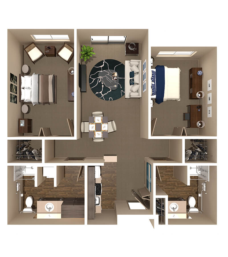 2-bedroom apartment floor plan with a central living area and kitchen, featuring two bathrooms.
