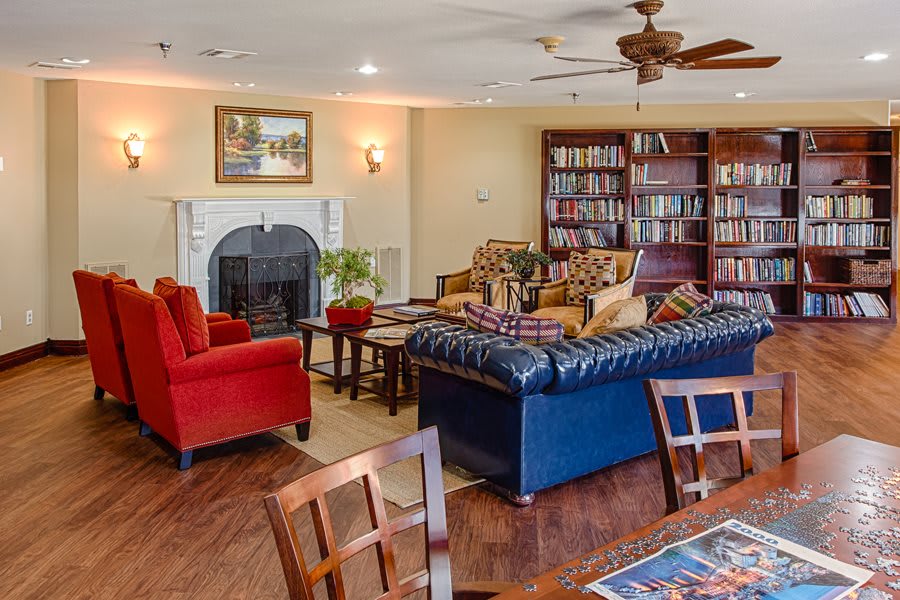 Cozy living room with bookshelves, a fireplace, and comfortable seating.