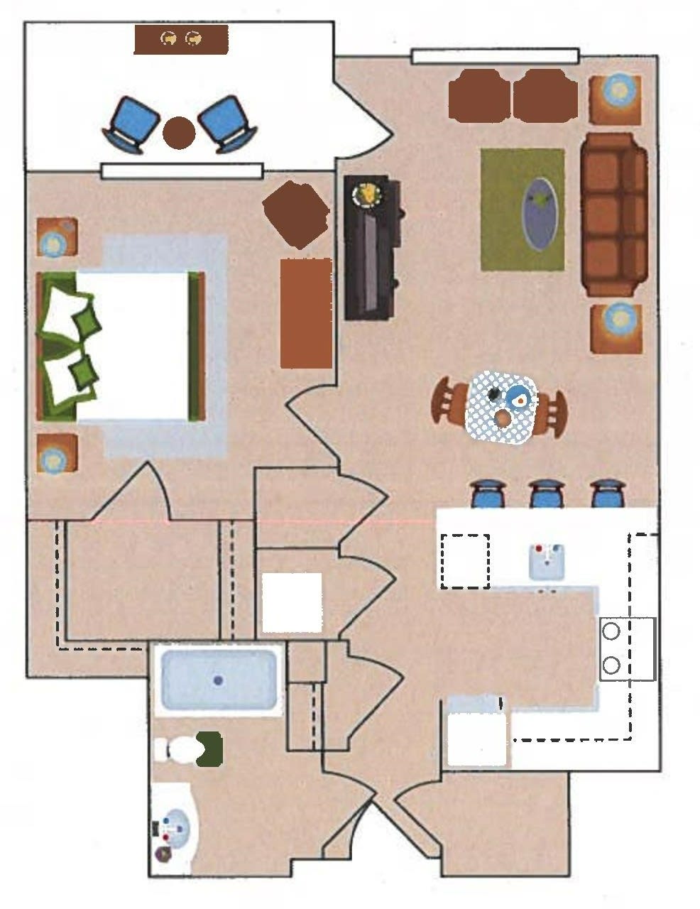 A detailed floor plan of an apartment featuring a bedroom, living room, kitchen, and bathroom.