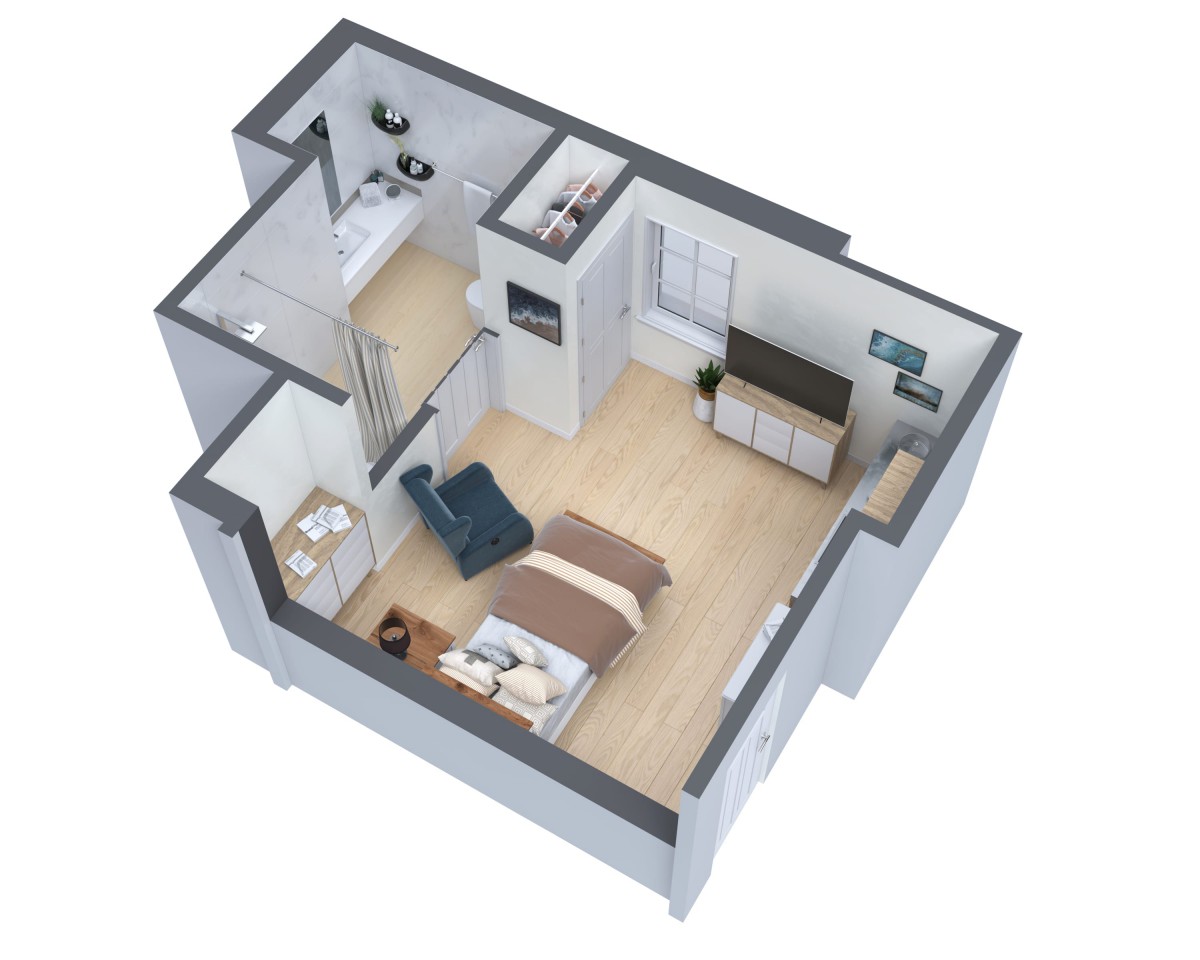 A 3D floor plan of a compact studio apartment, featuring a bed, bathroom, and kitchenette.