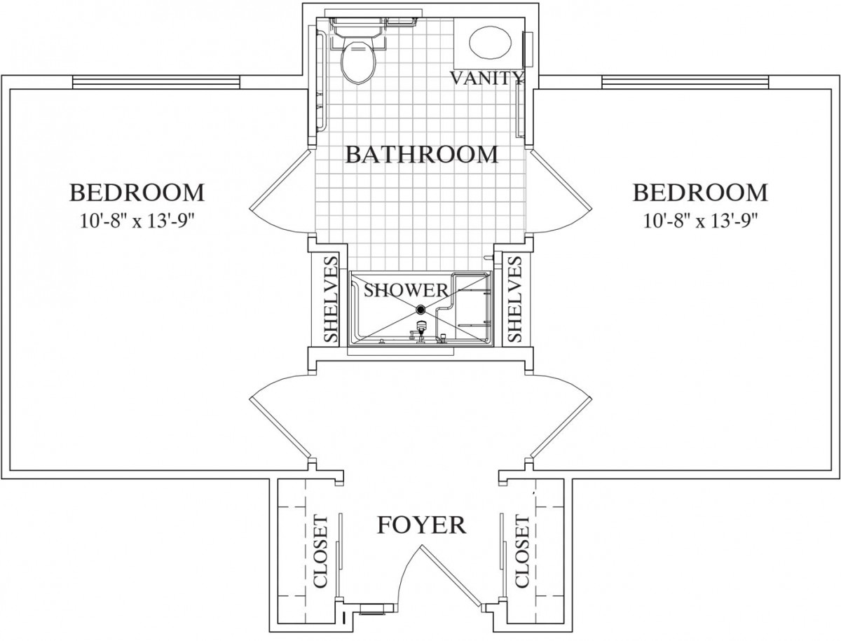 A floor plan illustrating a two-bedroom layout with a shared bathroom and entry foyer.