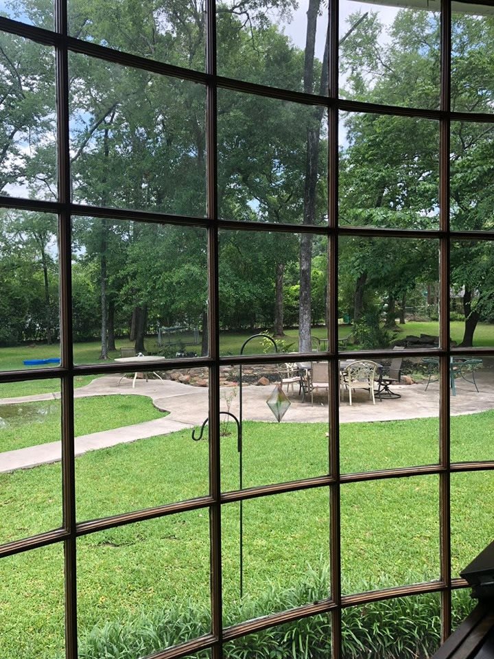 View of a garden through a window with patio furniture and lush greenery.
