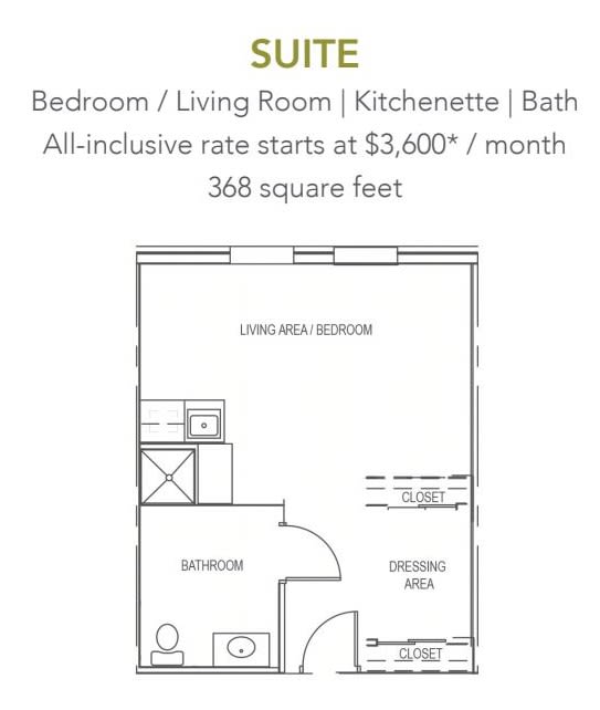Floor plan of a suite with bedroom, living room, kitchenette, and bath, covering 368 square feet for $3,600 per month.