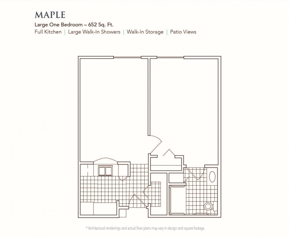 Floor plan of a large one-bedroom apartment named 'Maple', featuring a full kitchen, built-in storage, and patio doors.