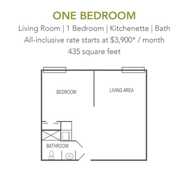 A floor plan of a one-bedroom apartment with a living room, kitchenette, and bath, covering 450 square feet and available for $3,900 per month.