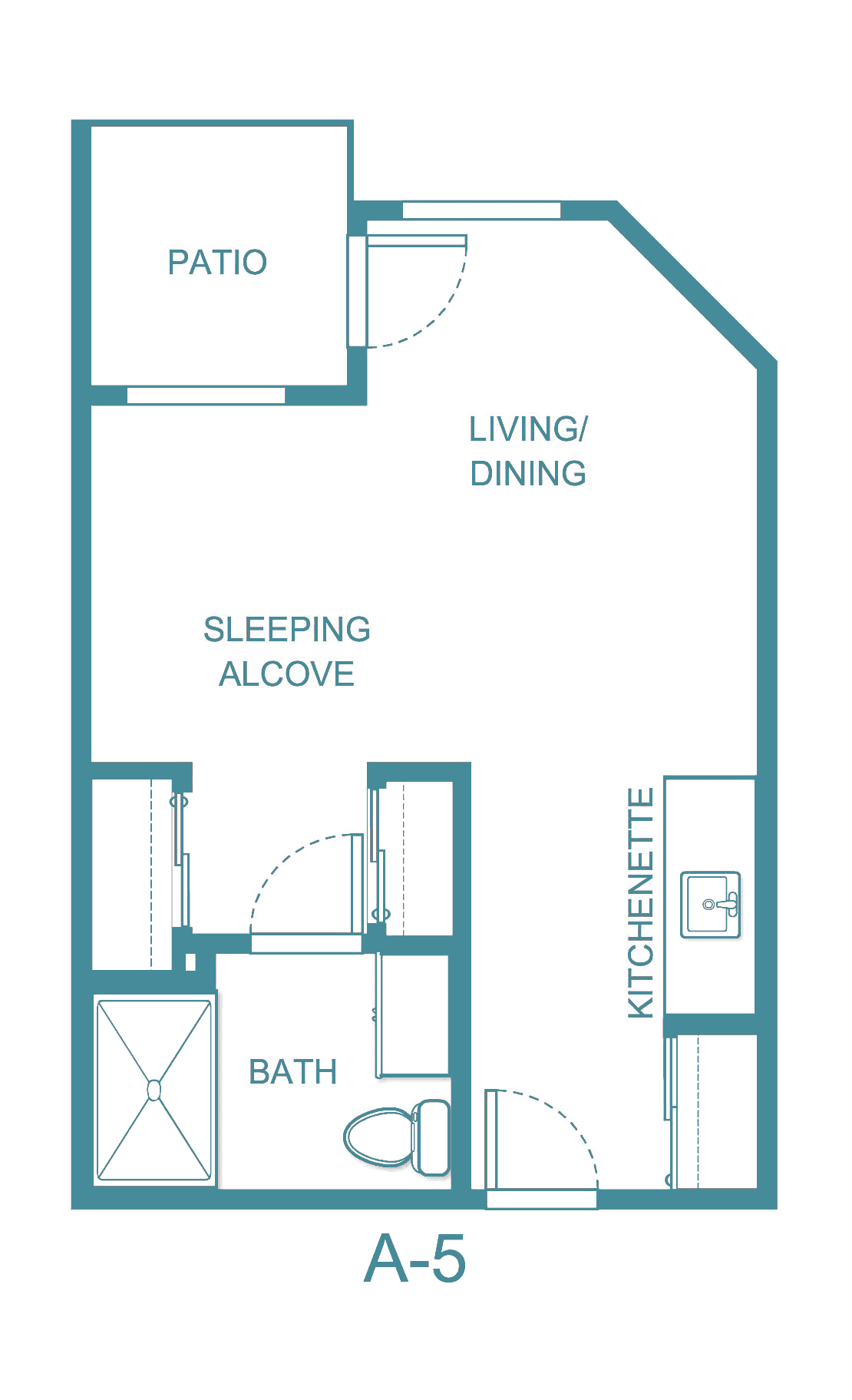 A floor plan of a studio apartment featuring a living/dining area, kitchenette, sleeping alcove, and bathroom.
