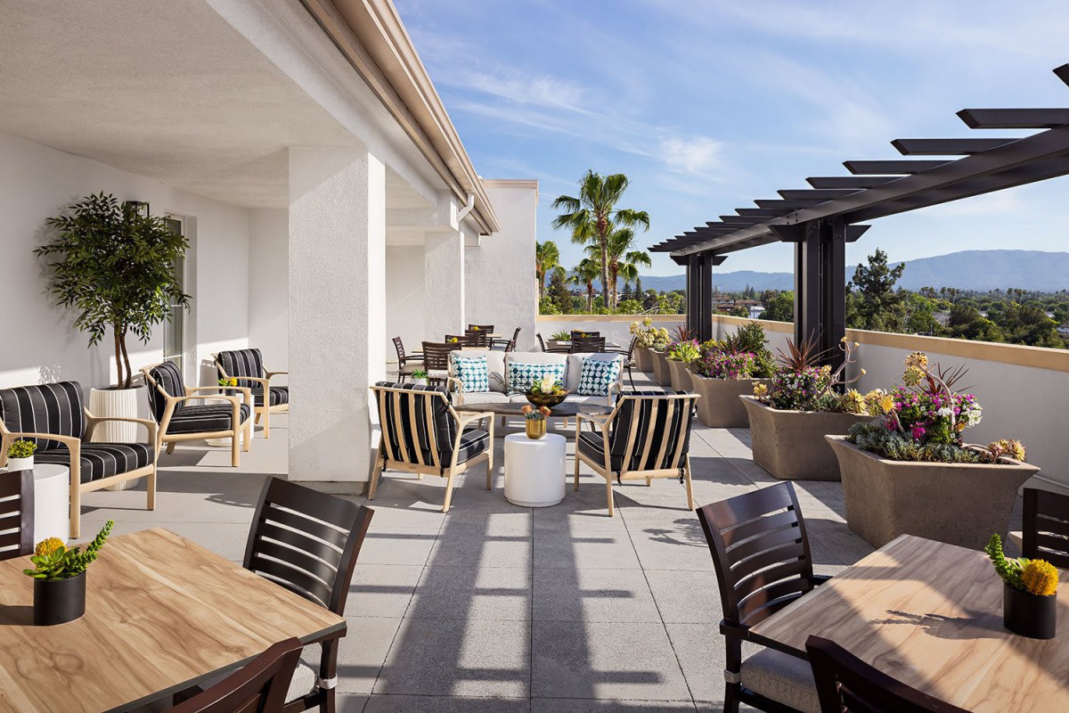 A sunny outdoor patio with tables and chairs, surrounded by plants.