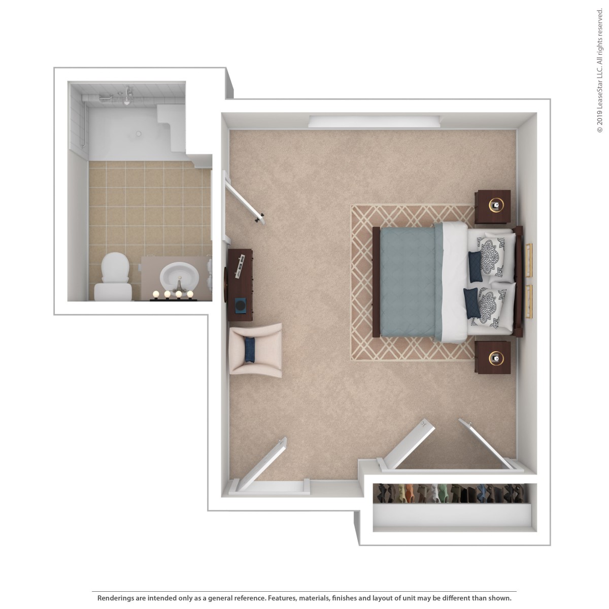 A 3D floor plan of a bedroom with an attached bathroom.