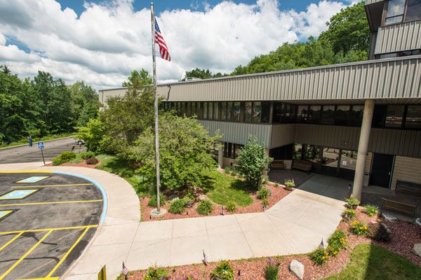 An office building surrounded by greenery with an American flag flying in front.