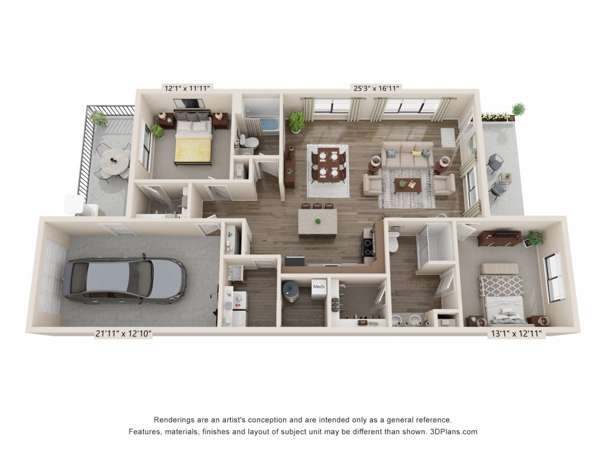 A detailed 3D floor plan showing the layout of a modern house with two bedrooms, a bathroom, living area, kitchen, and garage.