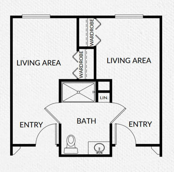 A simple floor plan featuring two living areas, a central bathroom, and dual entries.